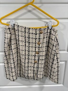 Express Cream and Black Windowpane Tweed Mini Skirt with Gold Buttons